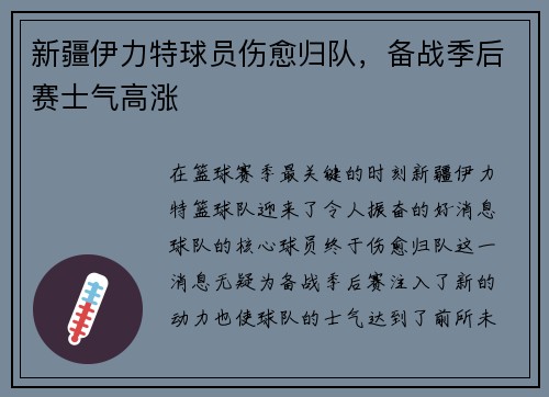 新疆伊力特球员伤愈归队，备战季后赛士气高涨