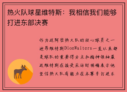 热火队球星维特斯：我相信我们能够打进东部决赛